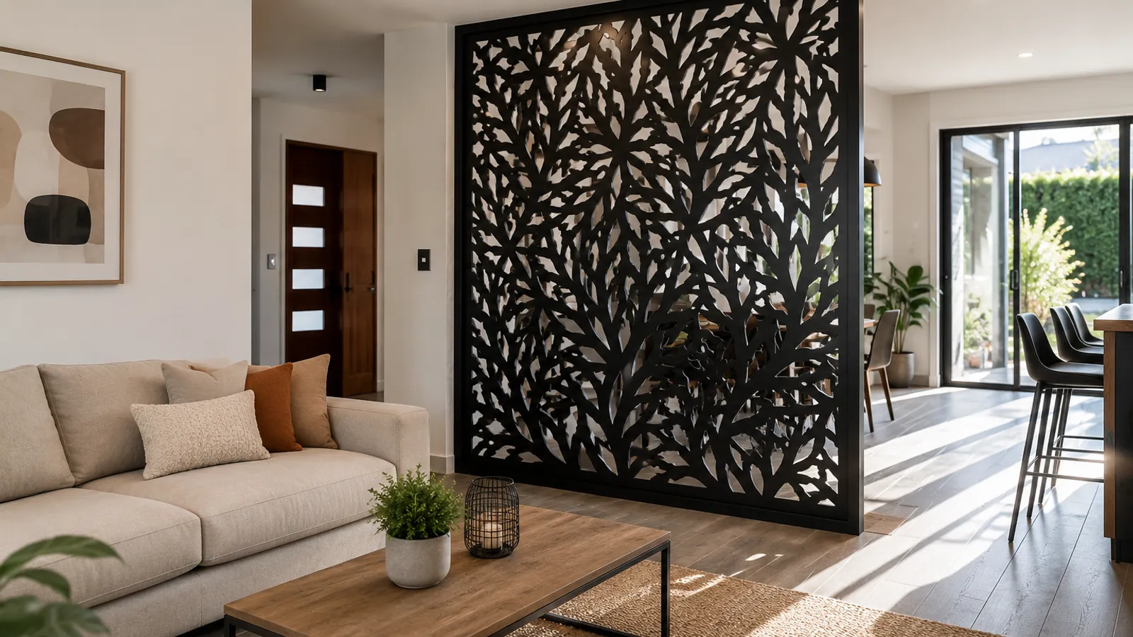 Panel decorativo metálico cortado a láser como separador en un living residencial moderno (imagen referencial)