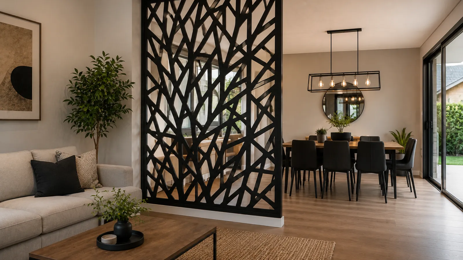 Separador de ambientes metálico cortado a láser dividiendo un interior moderno (imagen referencial)